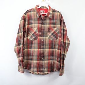 80s Mens Large Long Sleeve Plaid Flannel Shirt Red